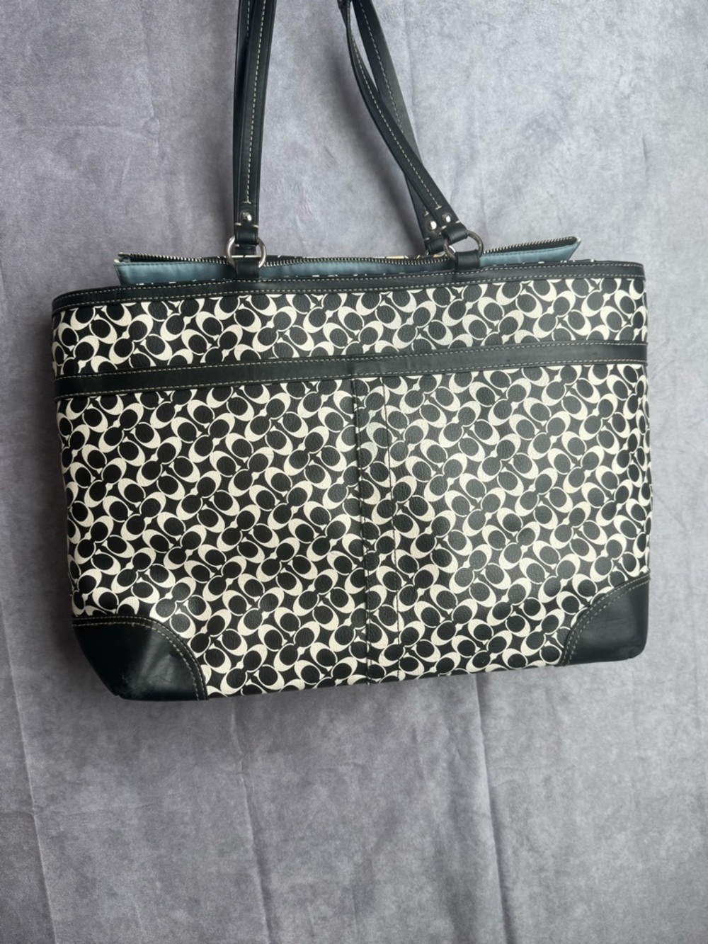 Coach Chelsea Heritage Stripe Tote Work Diaper Shoulde Bag Leather Canvas Large - Picture 7 of 9